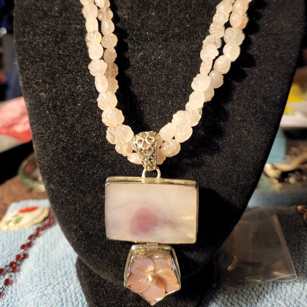Vintage Sterling Excellently Carved Natural Rose Quartz Mother of Pearl 19"